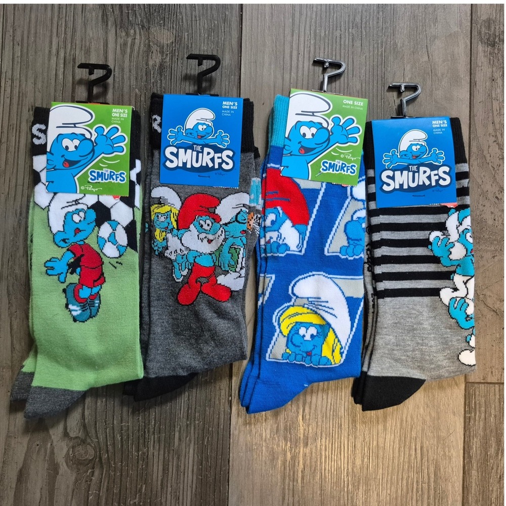 The Smurfs Mens Crew Socks 4 Pack Bundle Papa Smurf Smurfette Shoe Size 7-12 NEW